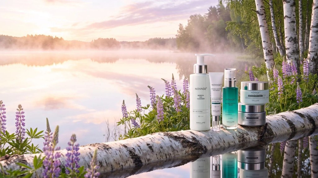 سرم NovAge روی سنگ خیس، با دریاچه و جنگل سوئد در پسزمینه سرم NovAge روی سنگ خیس، با دریاچه و جنگل سوئد در پسزمینه